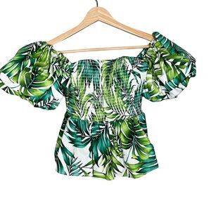 Autumn Adeigbo Marie’s blouse palm tree print smocked puff sleeves size 4 island